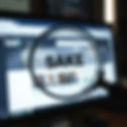 A magnifying glass hovering over a computer screen displaying a suspicious website.